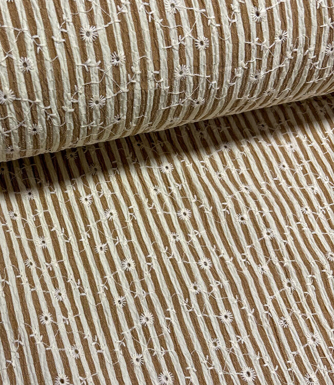 taupe streepjes en bloemetjes broderie - viscose mix