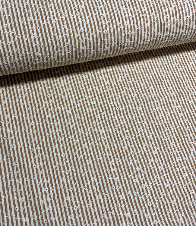 taupe streepjes en bloemetjes broderie - viscose mix
