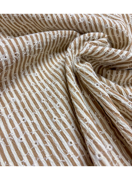 taupe streepjes en bloemetjes broderie - viscose mix