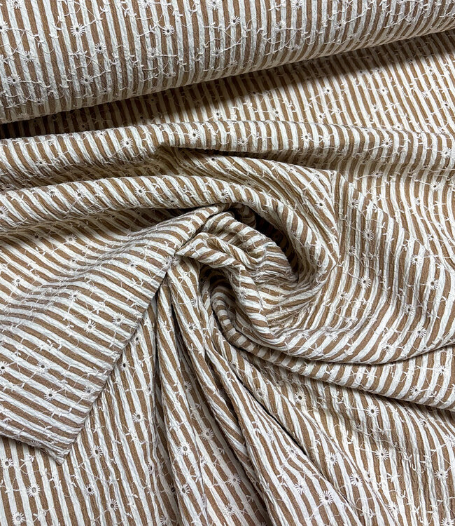 taupe streepjes en bloemetjes broderie - viscose mix