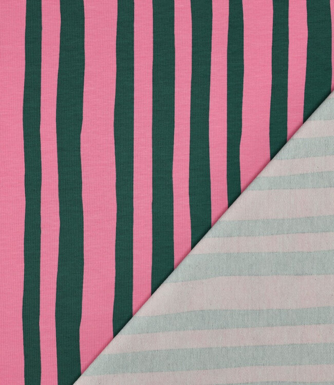 groen en roze strepen - GOTS french terry