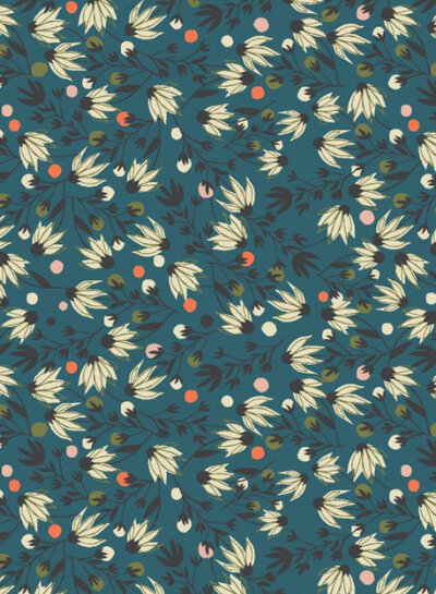 riverbank collection edge flower teal - katoen