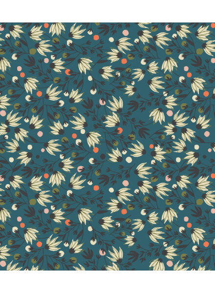riverbank collection edge flower teal - katoen