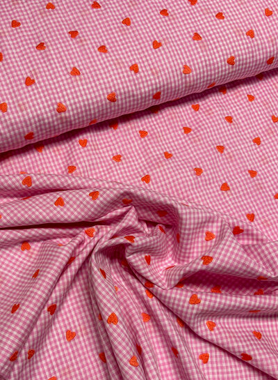 Pink Vichy checks with embroidered hearts - cotton
