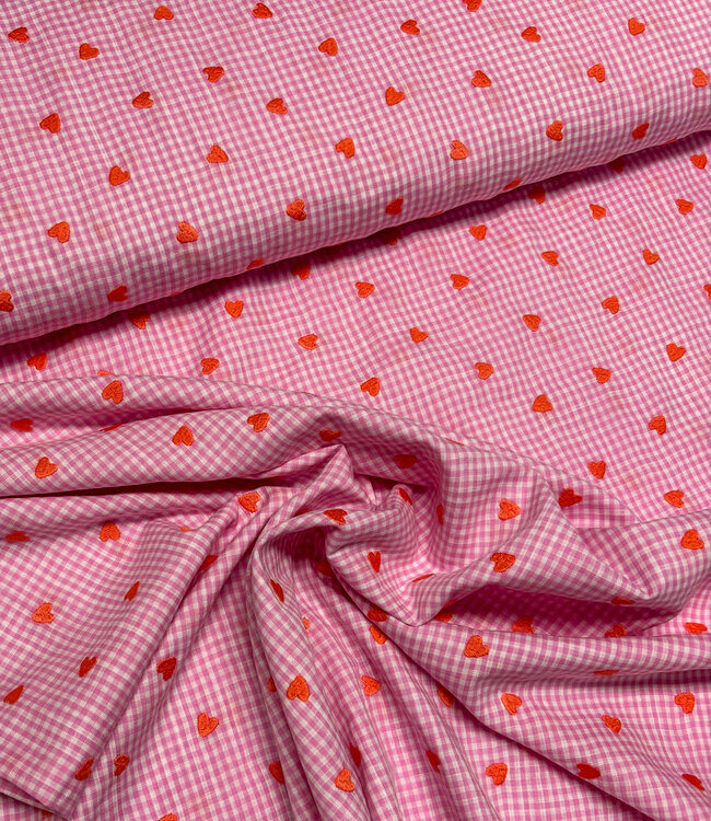 roze vichy ruitjes met geborduurde hartjes - katoen