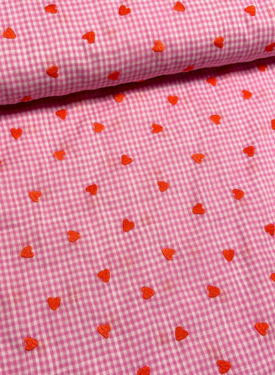 roze vichy ruitjes met geborduurde hartjes - katoen