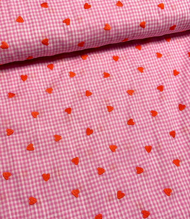 roze vichy ruitjes met geborduurde hartjes - katoen