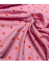 Pink Vichy checks with embroidered hearts - cotton