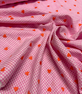 Pink Vichy checks with embroidered hearts - cotton