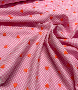 roze vichy ruitjes met geborduurde hartjes - katoen