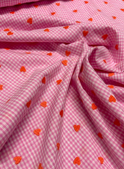 Pink Vichy checks with embroidered hearts - cotton