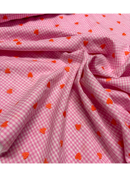 Pink Vichy checks with embroidered hearts - cotton