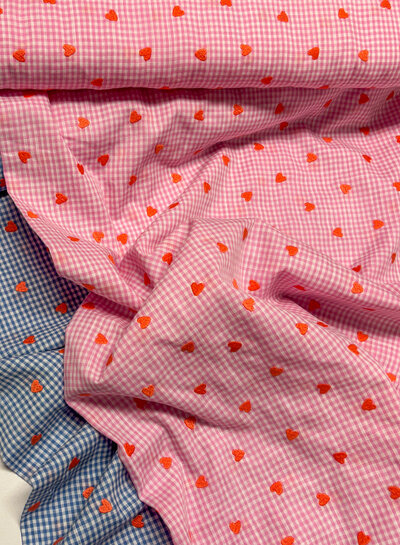 roze vichy ruitjes met geborduurde hartjes - katoen