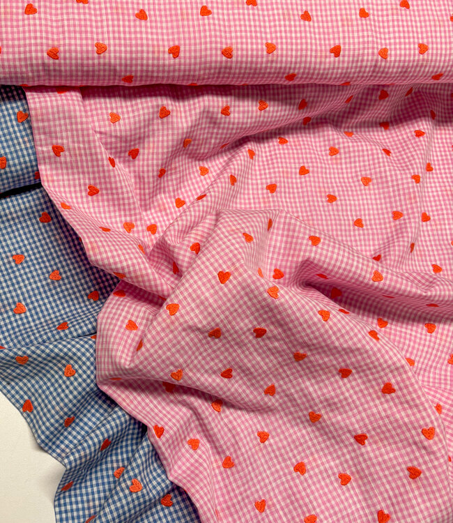 roze vichy ruitjes met geborduurde hartjes - katoen