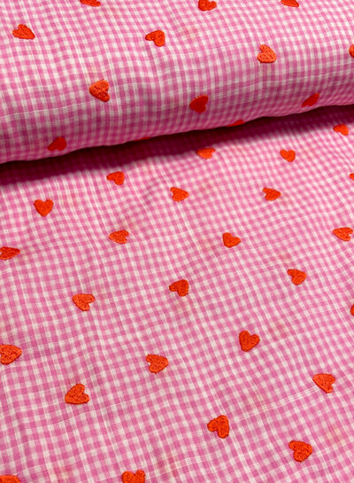Pink Vichy checks with embroidered hearts - cotton