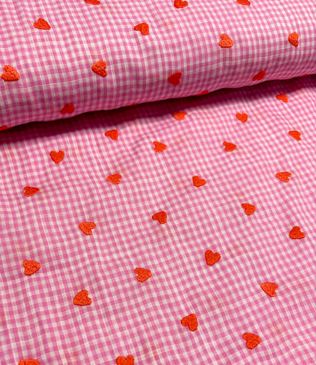 roze vichy ruitjes met geborduurde hartjes - katoen
