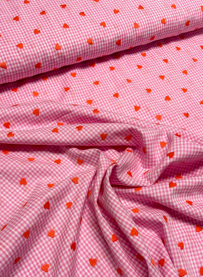 Pink Vichy checks with embroidered hearts - cotton