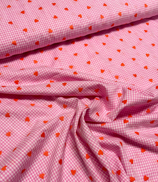 roze vichy ruitjes met geborduurde hartjes - katoen