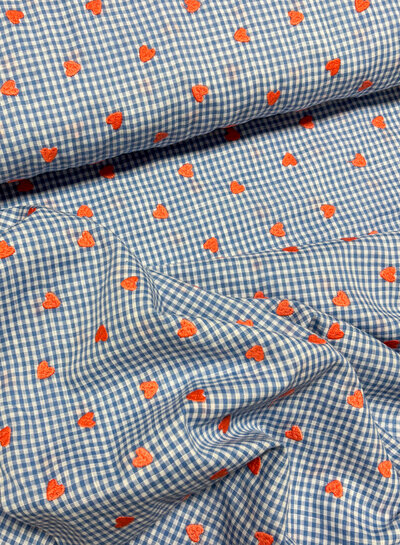 Blue Vichy check with embroidered hearts - cotton