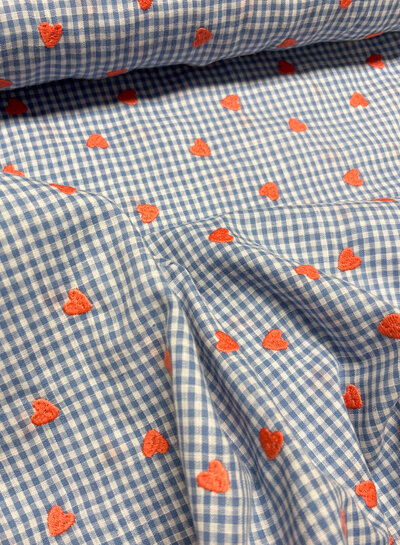 Blue Vichy check with embroidered hearts - cotton