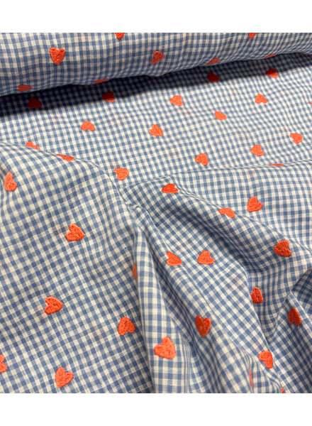 Blue Vichy check with embroidered hearts - cotton