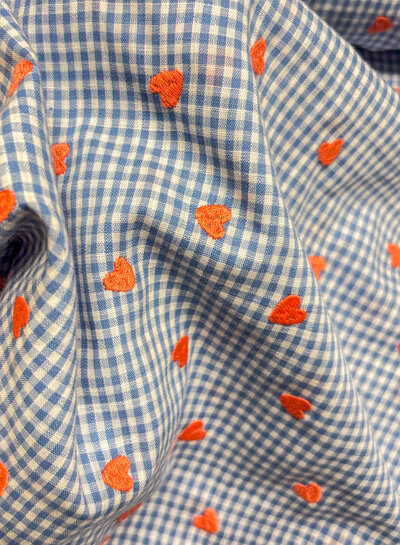Blue Vichy check with embroidered hearts - cotton