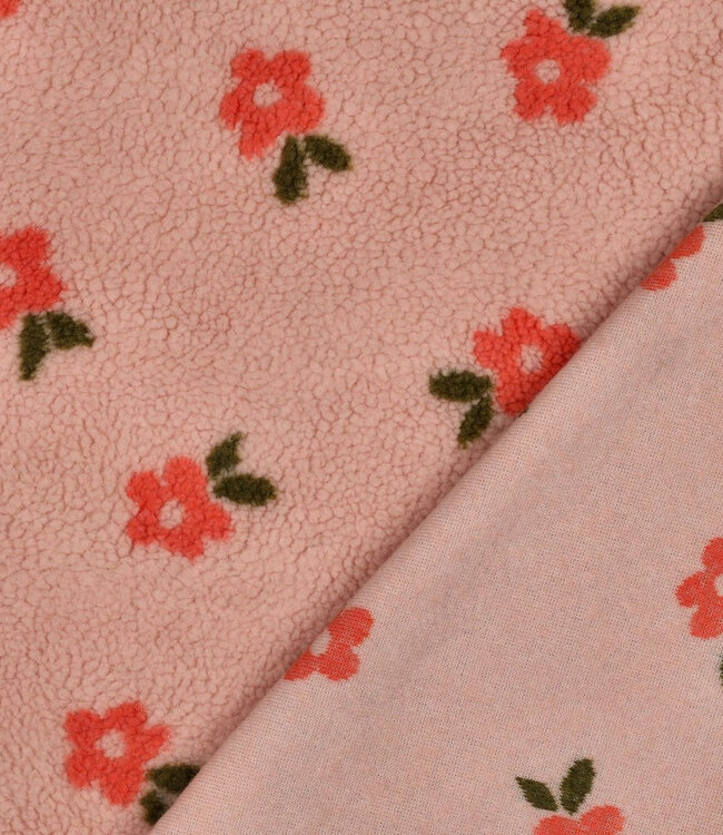 Poppy fabrics roze bloemen  - stevige teddy