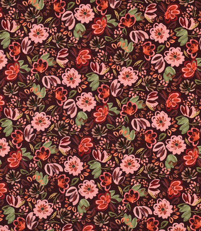 Poppy fabrics bordeaux bloemen - tricot