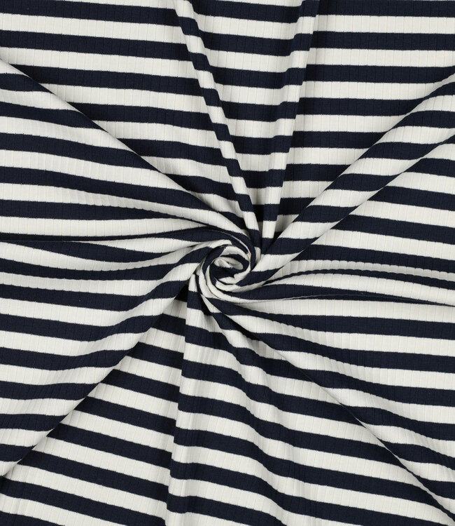 Poppy fabrics marine streepjes - geribbelde tricot