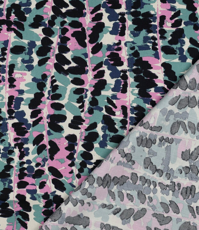 Poppy fabrics petrol roze abstracte print - katoen viscose