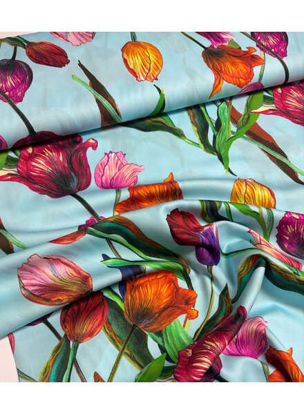 Marylene Madou tulips on sky blue - beautiful print on soft cotton poplin