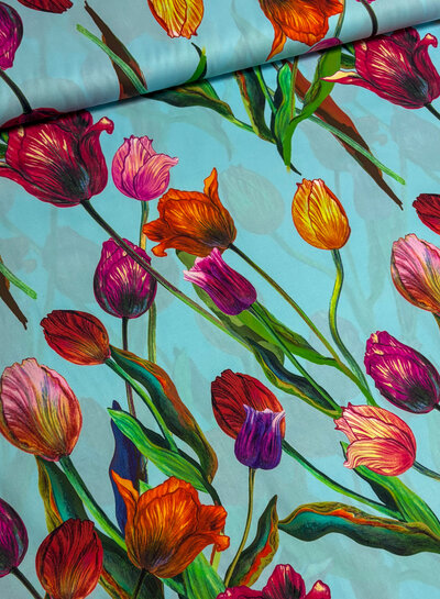 Marylene Madou tulips on sky blue  - prachtige print op zachte popeline katoen