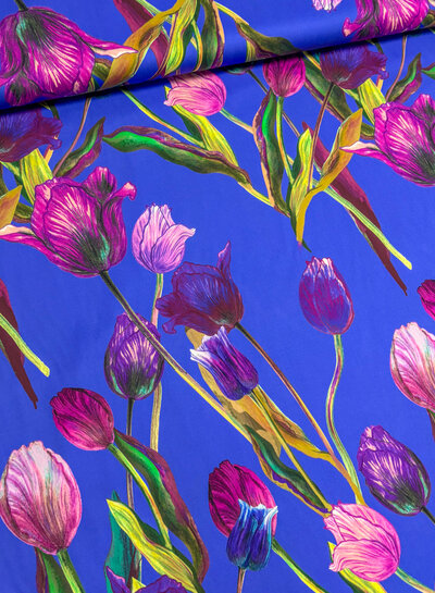 Marylene Madou tulips on deep blue  - prachtige print op zachte popeline katoen