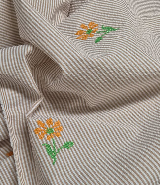 nude pink stripes with embroidered flower - seersucker