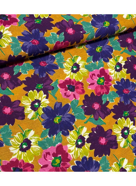 Ira - kleurrijke bloemenprint op oker  - linnen katoen mix