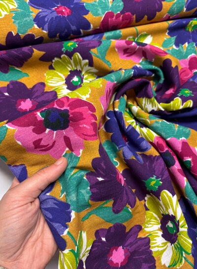 Ira - colorful floral print on ochre - linen cotton blend