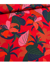 green leaves on red - cotton poplin
