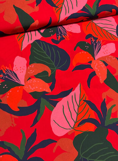green leaves on red - cotton poplin