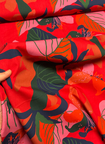 green leaves on red - cotton poplin
