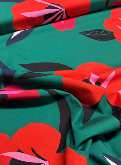 red flowers on green - cotton poplin