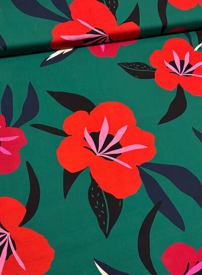 rode bloemen op groen - popeline katoen