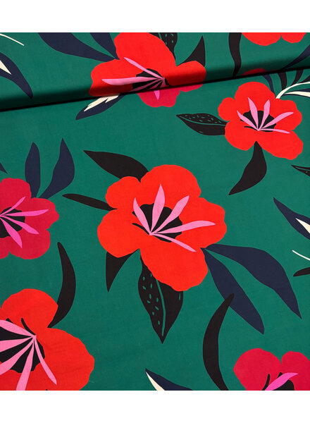 red flowers on green - cotton poplin