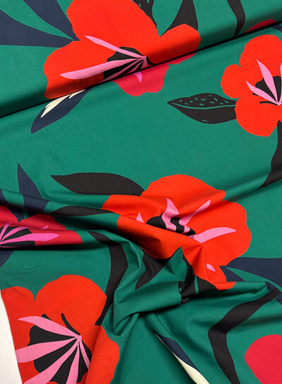 red flowers on green - cotton poplin