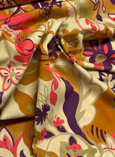 pink flowers on beige background - cotton poplin