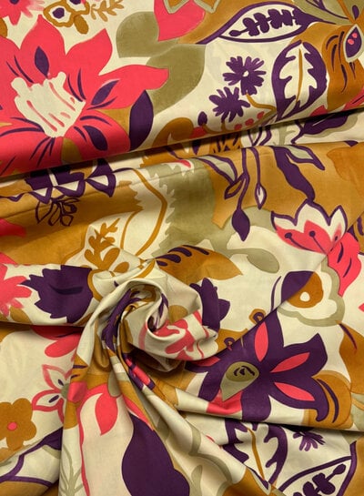 pink flowers on beige background - cotton poplin