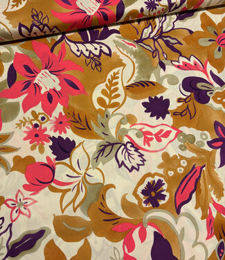 pink flowers on beige background - cotton poplin