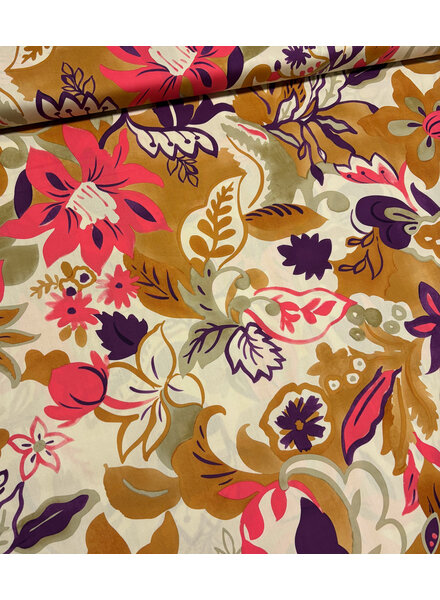 pink flowers on beige background - cotton poplin
