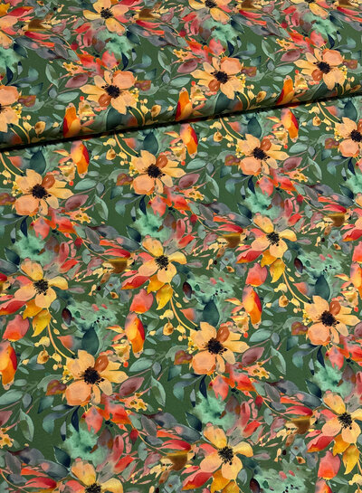 salmon-colored flowers on green - viscose