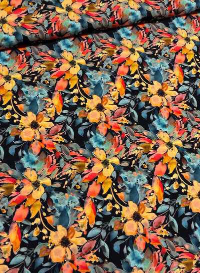salmon-colored flowers on black - viscose