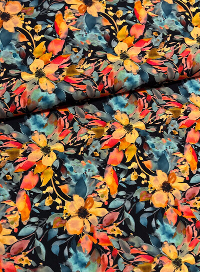 salmon-colored flowers on black - viscose